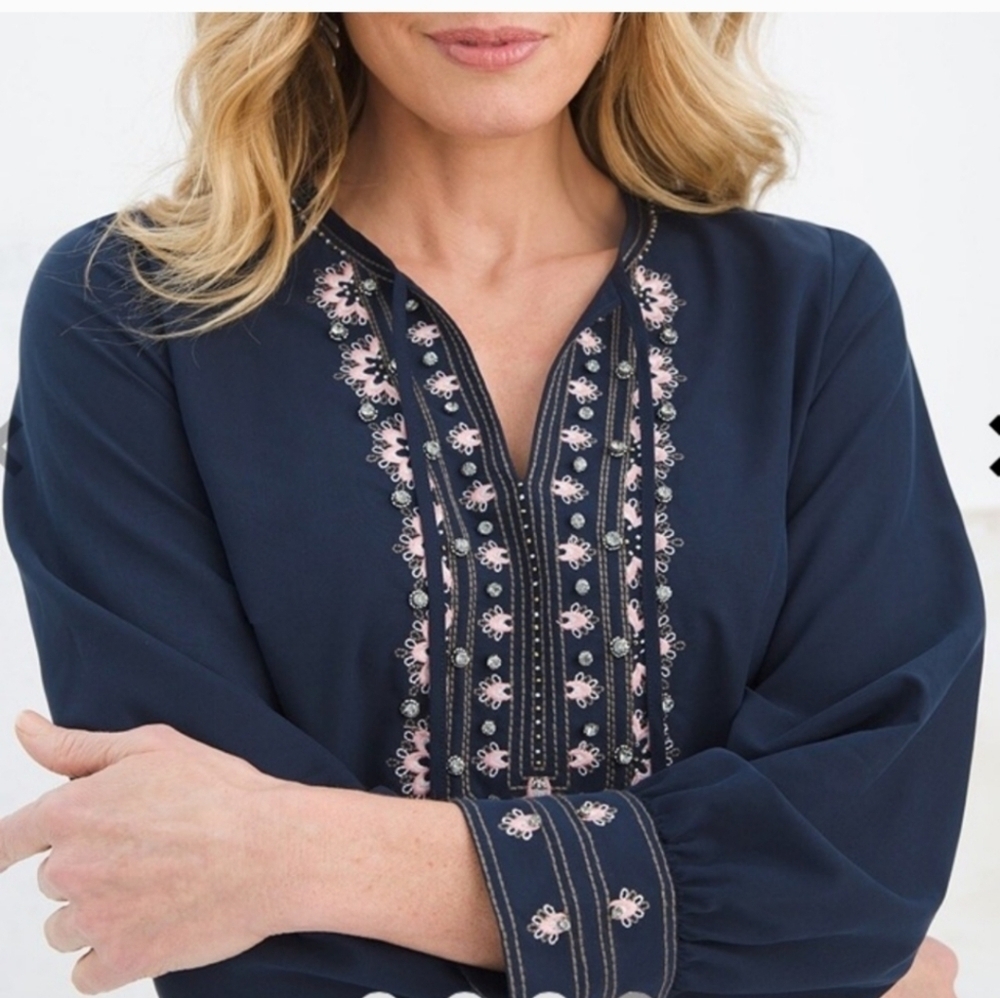 Chico's Embellished Midi Dress Jewel Neck Navy Pink - Picture 4 of 11